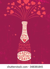 Valentines Day card. Champagne bottle typography design with hearts.