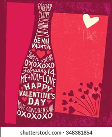 Valentines Day card. Champagne bottle typography design with hearts. For social media posts, cards, posters