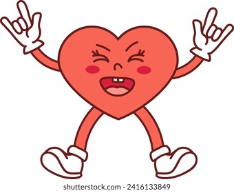 Valentines day card, character, happy smiling heart. Funny mascot on white background. Rock n roll vibe.