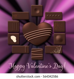 Valentines Day card with chocolate candy heart collection.