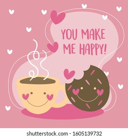 Valentines Day Card With Coffee And Cookie Kawaii Vector Illustration Design