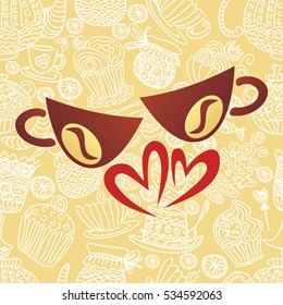 Valentines day card with coffee cups. Vector illustration.