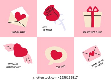 Valentine's Day card collection featuring hand-drawn romantic illustrations. Perfect for greeting cards, scrapbooking, posters, stickers, and digital projects.