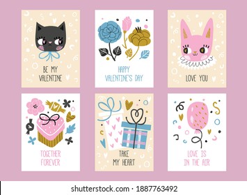 Valentine's day card collection with hand drawn bunny, cat, flowers, gifts, air balloon. Lovely set of greeting cards.