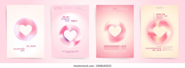 Valentine's Day Card Collection. Hearts Posters with Pink Rounded Gradient Aesthetics. Romantic Invitation and Greeting Templates. Japanese Style Retro Gradients Cute Concept.