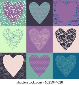 valentines day card with colored hearts and seamless pattern background