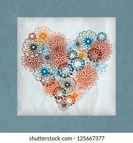 Valentine`s Day card, colorful floral heart in a paper frame as a hand made picture in decoupage style