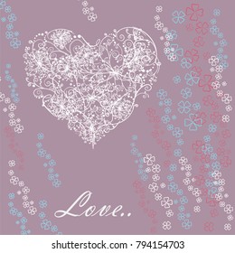 Valentine's Day card with colorful flowers and white delicate heart on purple background. Valentine's Day set