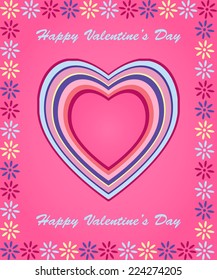 valentine's day card. colorful heart and letter in frame of flowers on a pink background, vector