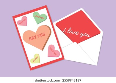 Valentine's Day card with colorful hearts and "Say Yes" message, paired with a white envelope featuring red liner.
