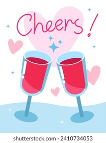 Valentine's Day card. Compliment, cute little card. Two glasses of wine and the signature “Cheers!” 