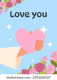 Valentines day card concept. Hand with heart. International holiday and festival 14 February. Love, care and romance. Graphic element for website. Cartoon flat vector illustration