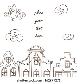 Valentine's day card concept. Holiday sketch background with city landscape