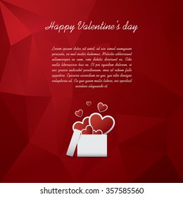 Valentine's day card concept with presents or gifts and hearts flying out. Red low poly background. Eps10 vector illustration.