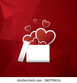 Valentine's day card concept with presents or gifts and hearts flying out. Red low poly background. Eps10 vector illustration.