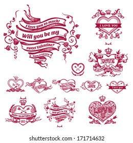Valentine's day card concept. Set of vintage hearts. Vector vintage baroque engraving floral scroll filigree design.