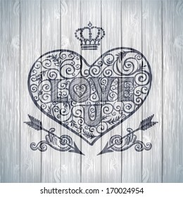 Valentine's Day Card Concept. Vector Vintage Baroque Engraving Floral Scroll Filigree Design With Ribbons And Heart.