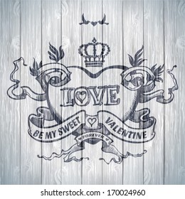 Valentine's day card concept. Vector vintage baroque engraving floral scroll filigree design with ribbons and heart.