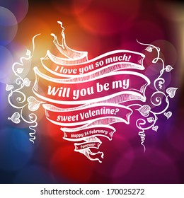 Valentine's day card concept. Vector vintage baroque engraving floral scroll filigree design with ribbons and arrows.