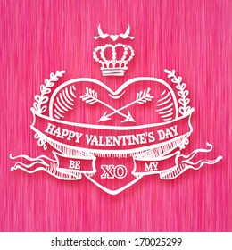 Valentine's day card concept. Vector vintage baroque engraving floral scroll filigree design with ribbons and arrows.