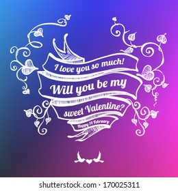 Valentine's day card concept. Vector vintage baroque engraving floral scroll filigree design with ribbons and arrows.