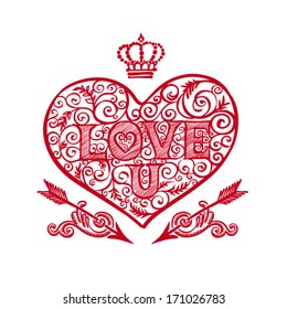 Valentine's day card concept. Vector vintage baroque engraving floral scroll filigree design.