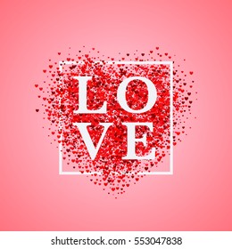 Tarjeta de San Valentín. Corazón rojo confetti sobre fondo rosado con marco y letra Amor. Se puede utilizar para celebraciones, invitación matrimonial, día de la madre, día de San Valentín, afiche, volante, tarjeta, pantalones en T.