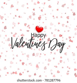 Valentines Day card. Confetti vector illustration shimmer. Transparent background wedding romantic template. Abstract glitter defocused design red color. Magic bright shine glow. Holiday heart shape.