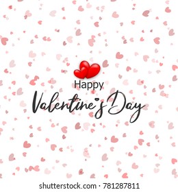 Valentines Day card. Confetti vector illustration shimmer. Transparent background wedding romantic template. Abstract glitter defocused design red color. Magic bright shine glow. Holiday heart shape.