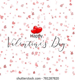 Valentines Day card. Confetti vector illustration shimmer. Transparent background wedding romantic template. Abstract glitter defocused design red color. Magic bright shine glow. Holiday heart shape.