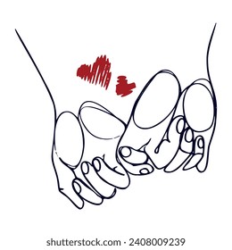 Valentine's day card Continuous line drawing vector illustration of two hands in one heart. Vector illustration. Wallpapers, flyers, invitations, posters, brochures, banners. Valentin.