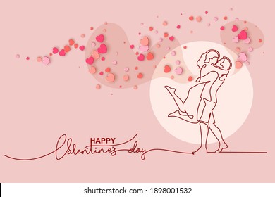 Valentines day card. Continuous one line drawing of couple kissing. Shaped color background with paper hearts. Vector illustration.