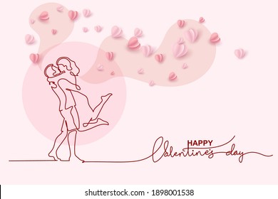 Valentines day card. Continuous one line drawing of couple kissing. Shaped color background with paper hearts. Vector illustration.