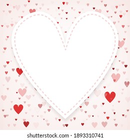 Valentines day card with copy space in the middle. Heart confetti falling over pink concept background for greeting cards, wedding invitation.