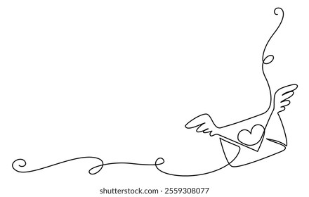 Valentines day card corner decoration. Love letter with wings and heart. Continuous one line drawing. Vector illustration design