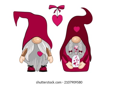 Valentine's day card. Couple cartoon gnomes in funny hats. Vector illustration