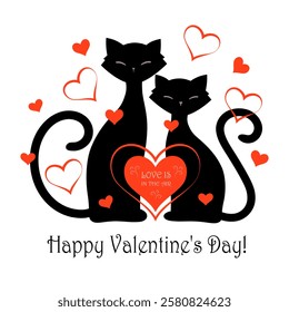 Valentine's Day card with couple cats and hearts vector illustration, decorative elements, poster, banner.