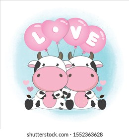 Valentine's day card. Couple Cow hold LOVE balloons in cartoon style.