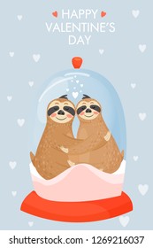 Valentine's day card with couple of cute sloths. Snow globe with happy animals. Vector illustration.