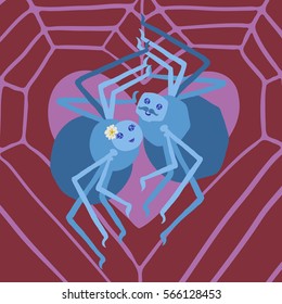 Valentines Day card. Couple of cute fat blue spiders wearing yellow top hat, hair ribbon bow, smiling, with eight legs and round shining eyes, hugging in dark red background with purple web and heart.