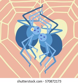 Valentines Day card. Couple of cute fat blue spiders, female wearing white flower in hair, smiling, with eight legs and round shining eyes, standing in peach background with yellow web and heart.