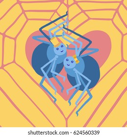 Valentines Day card with couple of cute fat blue spiders wearing yellow top hat, hair ribbon bow, smiling, with eight legs and round shining eyes, hugging in yellow background with pink web and heart.