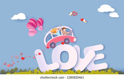 Valentines day card with couple driving pink bus with air balloons over big letters LOVE on blue sky background. Vector paper art illustration. Paper cut and craft style.