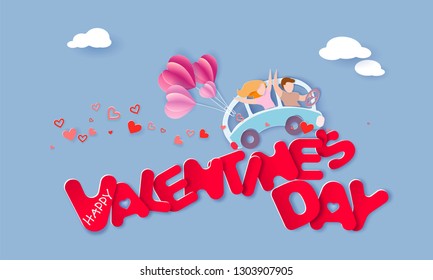Valentine's day card with couple driving blue bus with air balloons over big red letters on blue sky background. Vector paper art illustration. Paper cut and craft style.