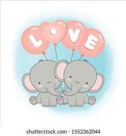 Valentine's day card. Couple Elephant hold LOVE balloons in cartoon style.