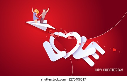 Valentines day card. Couple flying on paper airplane over big letters LOVE on red sky background. Vector paper art illustration. Paper cut and craft style.
