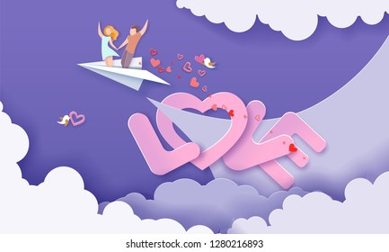 Valentines day card. Couple flying on paper airplane over big letters LOVE on blue sky background. Vector paper art illustration. Paper cut and craft style.