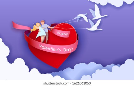 Valentines day card with couple flying on heart with birds. Vector paper art illustration. Paper cut and craft style.