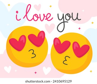 Valentine's Day card. A couple of funny love emoticons with the inscription “I love you”. Yellow emoticons with pink hearts in their eyes. White background with blue and pink clouds.