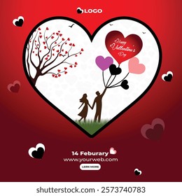 Valentine's Day card with a couple, heart balloons, and a love tree design